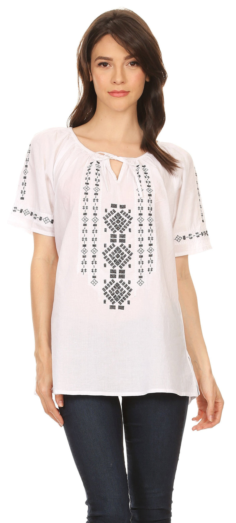 Sakkas Lena Cross Stitch Embroidered Short Sleeve  Casual Top Blouse