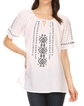 Sakkas Lena Cross Stitch Embroidered Short Sleeve  Casual Top Blouse #color_White/Black