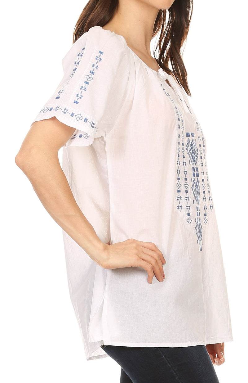 Sakkas Lena Cross Stitch Embroidered Short Sleeve  Casual Top Blouse