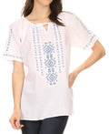 Sakkas Lena Cross Stitch Embroidered Short Sleeve  Casual Top Blouse #color_White/Blue