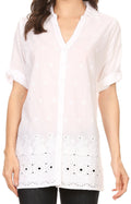 Sakkas Cecilia V-Neck Button Down 3/4 Sleeve Eyelet Shirt #color_White 