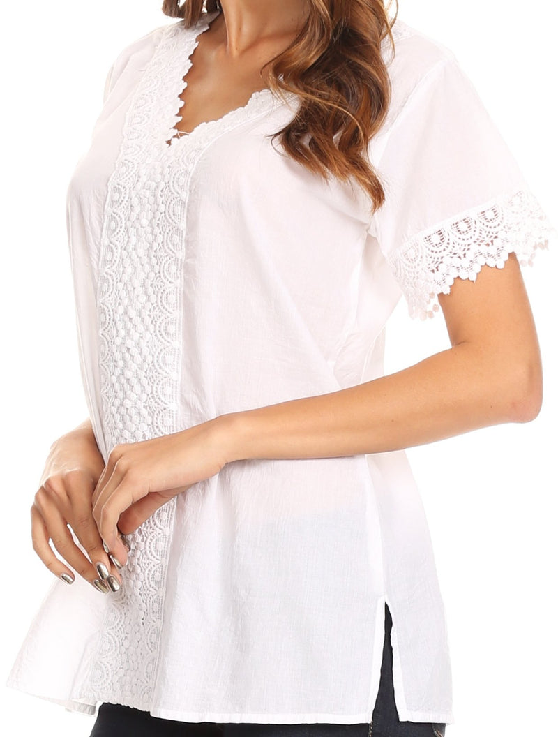 Sakkas Marisa Short Sleeve V-Neck Slim Fit Woven Cotton Blouse with Crochet Trim