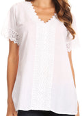 Sakkas Marisa Short Sleeve V-Neck Slim Fit Woven Cotton Blouse with Crochet Trim#color_White