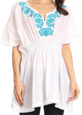 Sakkas Octavia Smocked Dolman Sleeve Fringe Blouse with Split Neck and Embroidery#color_White/Aqua