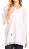 Sakkas Cordelia 3/4 Sleeve Crochet Lace Split Neck Top with Waist Tie#color_White