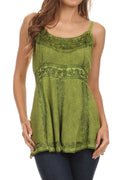 Sakkas Stonewashed Rayon Flared Hem Sleeveless Blouse#color_Green
