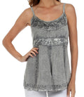 Sakkas Stonewashed Rayon Flared Hem Sleeveless Blouse#color_Grey