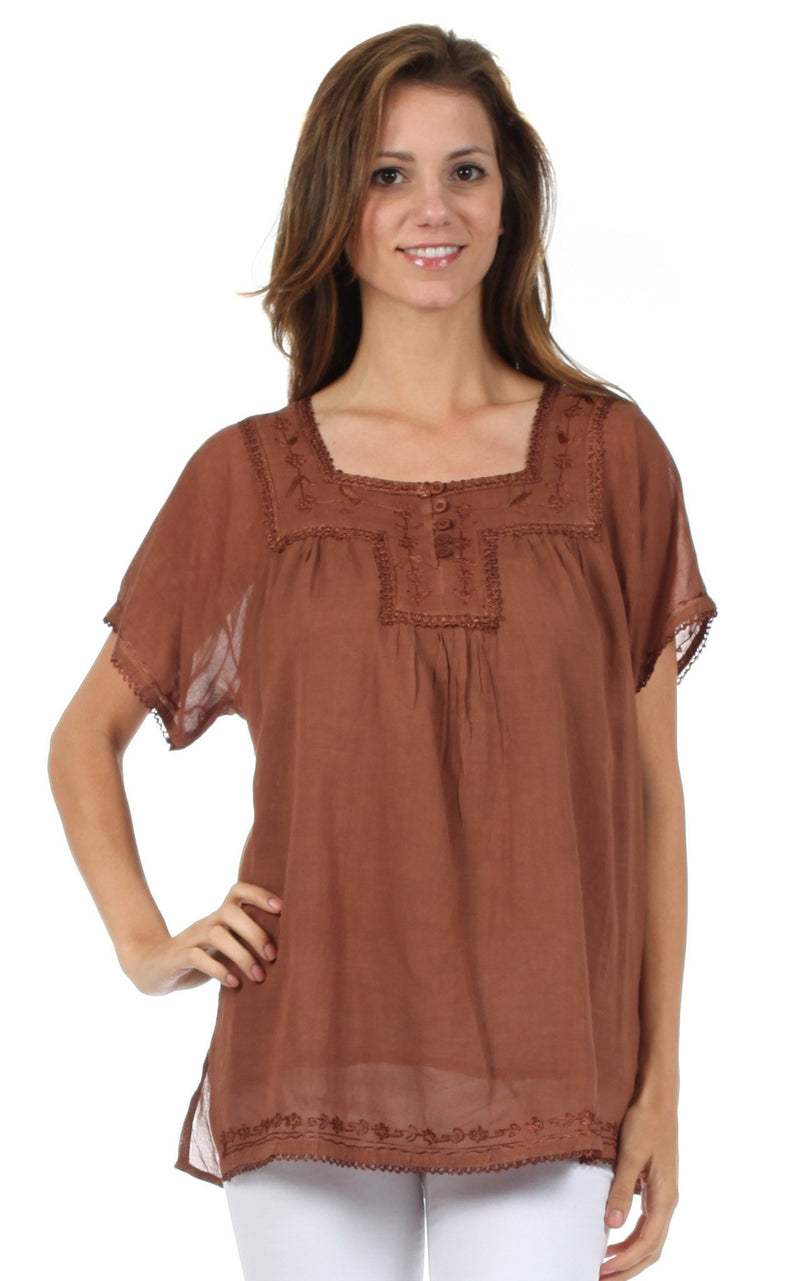 Sakkas Square Neck Button Detail Semi-Sheer Gauzy Cotton Blouse