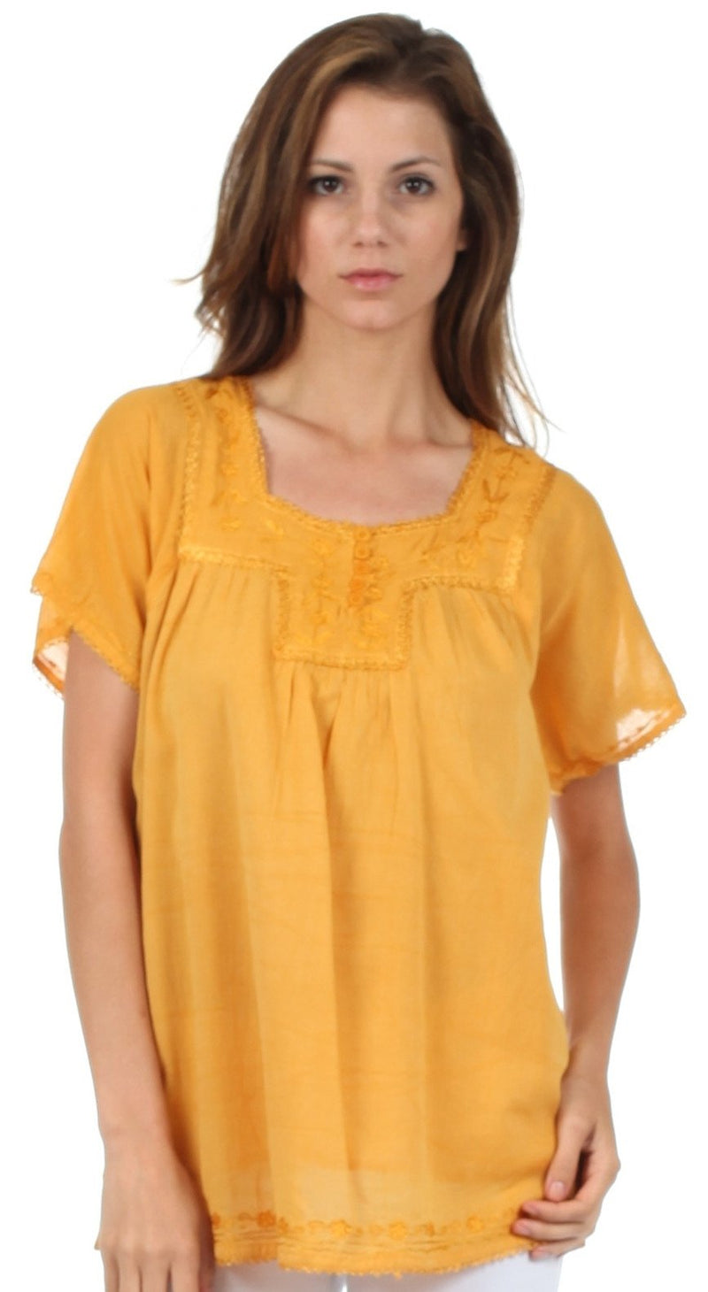 Sakkas Square Neck Button Detail Semi-Sheer Gauzy Cotton Blouse