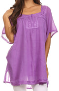 Sakkas Square Neck Button Detail Semi-Sheer Gauzy Cotton Blouse#color_Lavender
