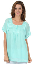 Sakkas Square Neck Button Detail Semi-Sheer Gauzy Cotton Blouse#color_Mint