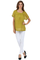Sakkas Square Neck Button Detail Semi-Sheer Gauzy Cotton Blouse