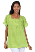 Sakkas Square Neck Button Detail Semi-Sheer Gauzy Cotton Blouse#color_SpringGreen