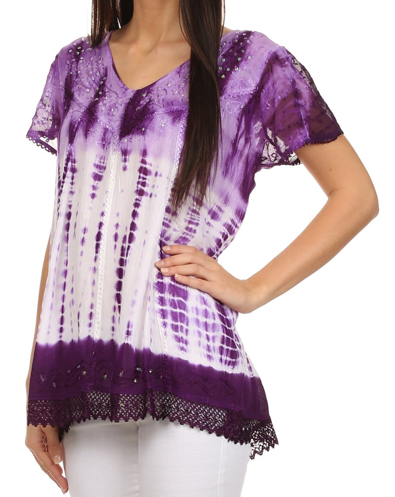 Sakkas Violet Embroidery Tie Dye Sequin Accents Blouse / Top