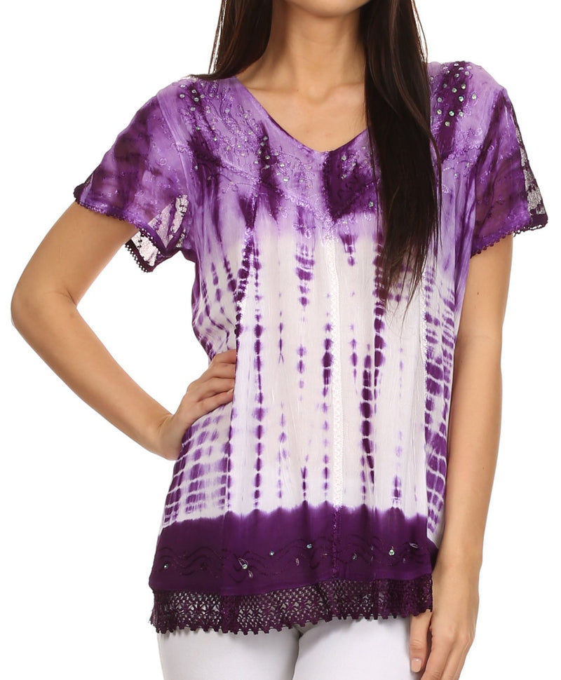 Sakkas Violet Embroidery Tie Dye Sequin Accents Blouse / Top