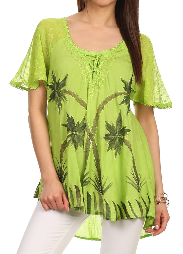 Sakkas Albina Island Relaxed Fit Embroidery Cap Sleeves Blouse / Top#color_AppleGreen