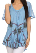 Sakkas Albina Island Relaxed Fit Embroidery Cap Sleeves Blouse / Top#color_Blue