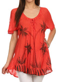 Sakkas Albina Island Relaxed Fit Embroidery Cap Sleeves Blouse / Top#color_CherryRed