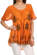 Sakkas Albina Island Relaxed Fit Embroidery Cap Sleeves Blouse / Top#color_Copper