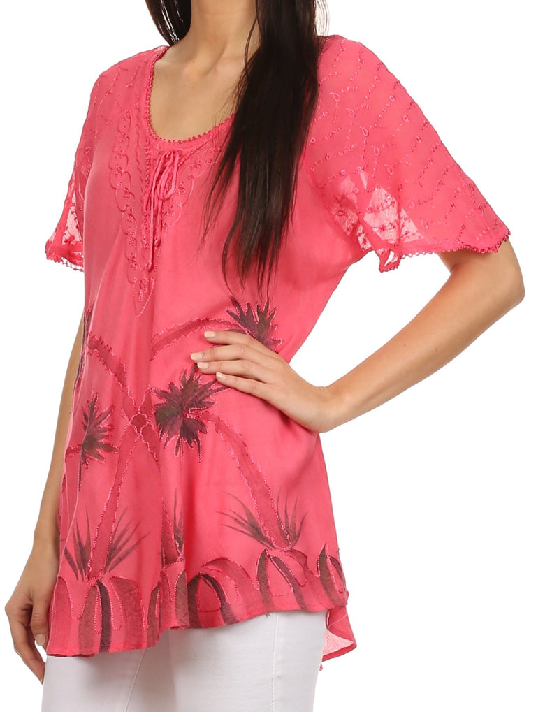 Sakkas Albina Island Relaxed Fit Embroidery Cap Sleeves Blouse / Top