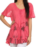 Sakkas Albina Island Relaxed Fit Embroidery Cap Sleeves Blouse / Top#color_Coral