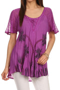 Sakkas Albina Island Relaxed Fit Embroidery Cap Sleeves Blouse / Top#color_DarkPurple