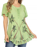 Sakkas Albina Island Relaxed Fit Embroidery Cap Sleeves Blouse / Top#color_Green