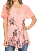 Sakkas Albina Island Relaxed Fit Embroidery Cap Sleeves Blouse / Top#color_Guava
