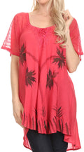 Sakkas Albina Island Relaxed Fit Embroidery Cap Sleeves Blouse / Top#color_Melon