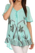 Sakkas Albina Island Relaxed Fit Embroidery Cap Sleeves Blouse / Top#color_Mint