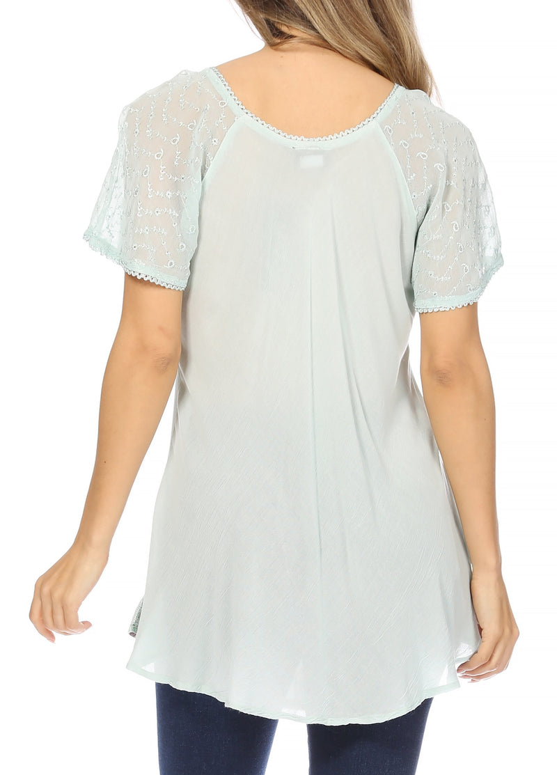 Sakkas Albina Island Relaxed Fit Embroidery Cap Sleeves Blouse / Top