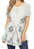 Sakkas Albina Island Relaxed Fit Embroidery Cap Sleeves Blouse / Top#color_OceanGrey