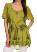 Sakkas Albina Island Relaxed Fit Embroidery Cap Sleeves Blouse / Top#color_Olive