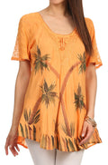 Sakkas Albina Island Relaxed Fit Embroidery Cap Sleeves Blouse / Top#color_Orange