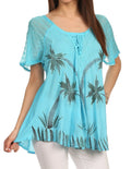Sakkas Albina Island Relaxed Fit Embroidery Cap Sleeves Blouse / Top#color_PacificBlue