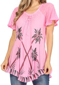 Sakkas Albina Island Relaxed Fit Embroidery Cap Sleeves Blouse / Top#color_Pink