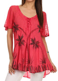 Sakkas Albina Island Relaxed Fit Embroidery Cap Sleeves Blouse / Top#color_Raspberry