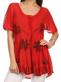 Sakkas Albina Island Relaxed Fit Embroidery Cap Sleeves Blouse / Top#color_Red
