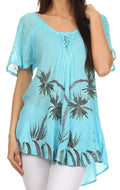Sakkas Albina Island Relaxed Fit Embroidery Cap Sleeves Blouse / Top#color_Turquoise