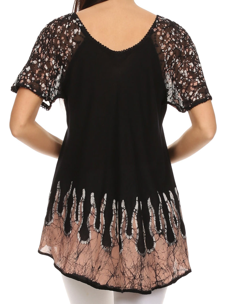 Sakkas Cora Relaxed Fit Batik Design Embroidery Cap Sleeves Blouse / Top