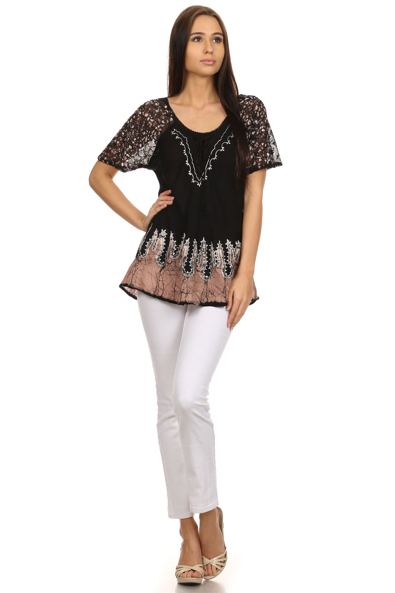 Sakkas Cora Relaxed Fit Batik Design Embroidery Cap Sleeves Blouse / Top