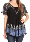 Sakkas Cora Relaxed Fit Batik Design Embroidery Cap Sleeves Blouse / Top#color_Black/Blue