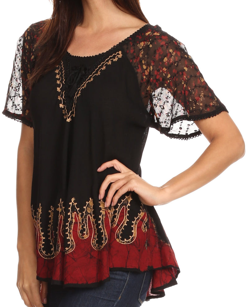 Sakkas Cora Relaxed Fit Batik Design Embroidery Cap Sleeves Blouse / Top