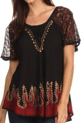 Sakkas Cora Relaxed Fit Batik Design Embroidery Cap Sleeves Blouse / Top#color_Black/Gold