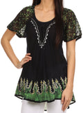 Sakkas Cora Relaxed Fit Batik Design Embroidery Cap Sleeves Blouse / Top#color_Black/Green
