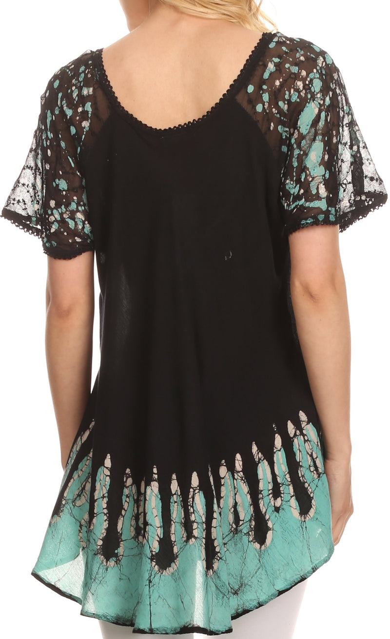 Sakkas Cora Relaxed Fit Batik Design Embroidery Cap Sleeves Blouse / Top