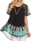 Sakkas Cora Relaxed Fit Batik Design Embroidery Cap Sleeves Blouse / Top#color_Black/Mint
