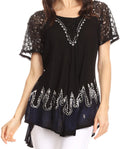 Sakkas Cora Relaxed Fit Batik Design Embroidery Cap Sleeves Blouse / Top#color_Black/Navy