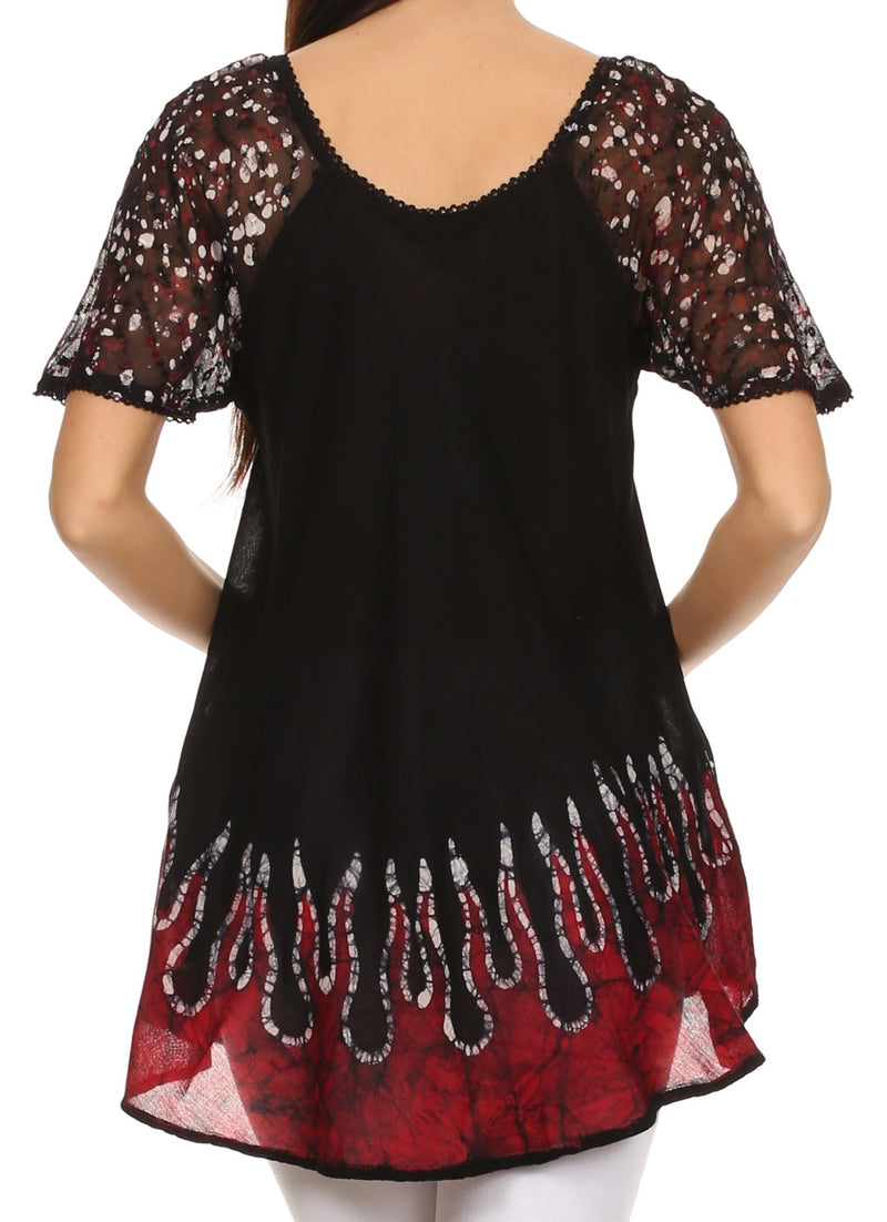 Sakkas Cora Relaxed Fit Batik Design Embroidery Cap Sleeves Blouse / Top