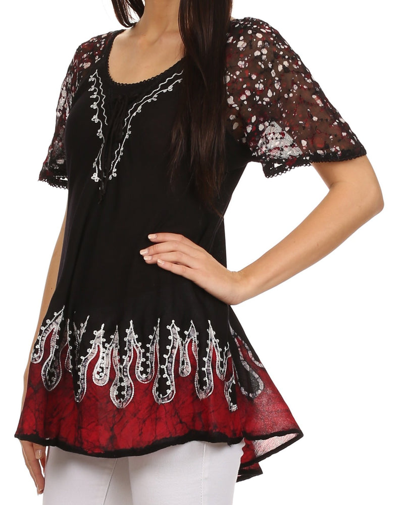 Sakkas Cora Relaxed Fit Batik Design Embroidery Cap Sleeves Blouse / Top